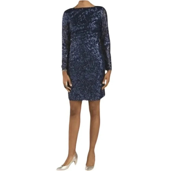 Marina Navy Blue Long Sleeve Sequin Sparkle Sheath Dress Size 8 - Picture 2 of 12